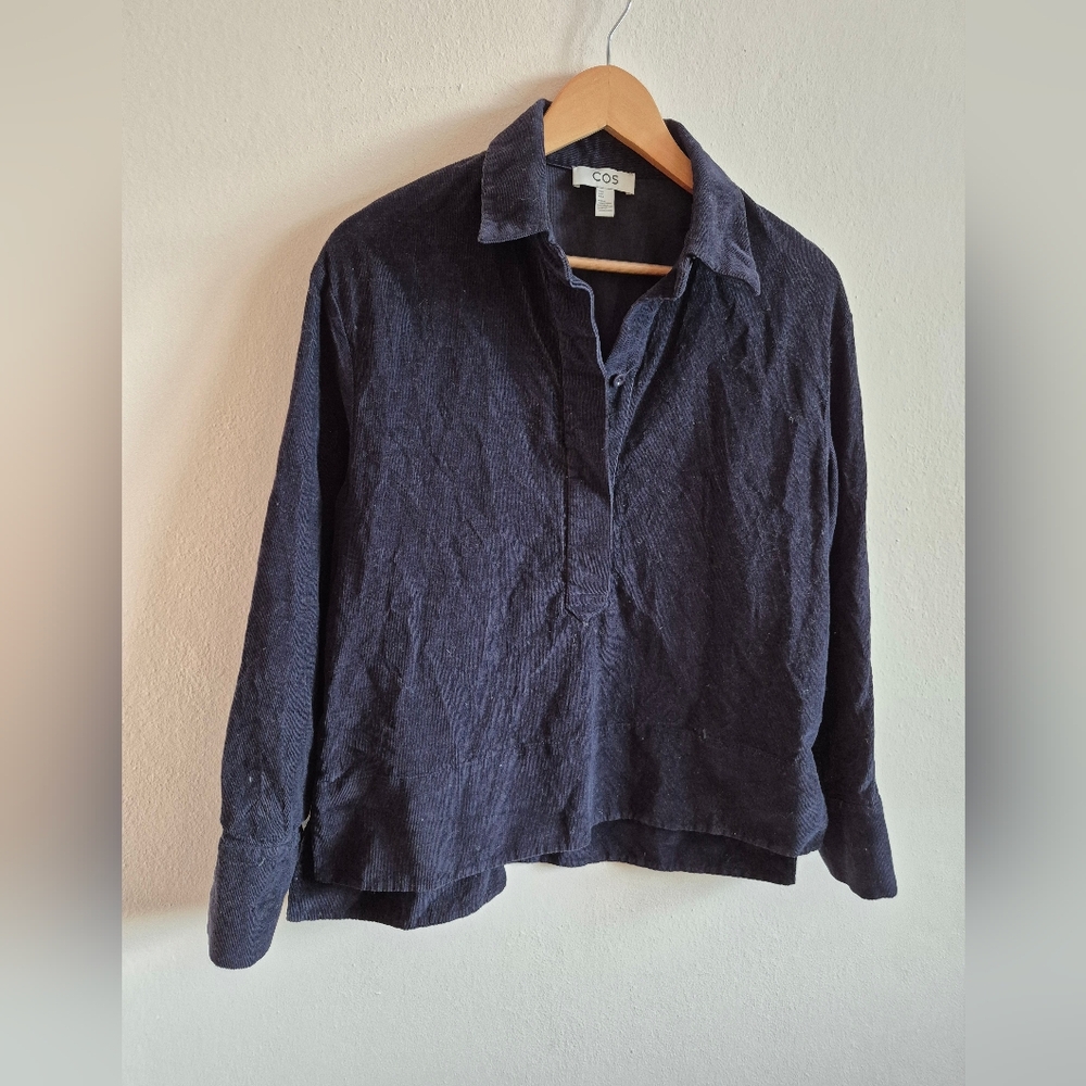 COS Cotton Mini Coruroy Navy Long Sleeve Johnny Collar Top Size 6